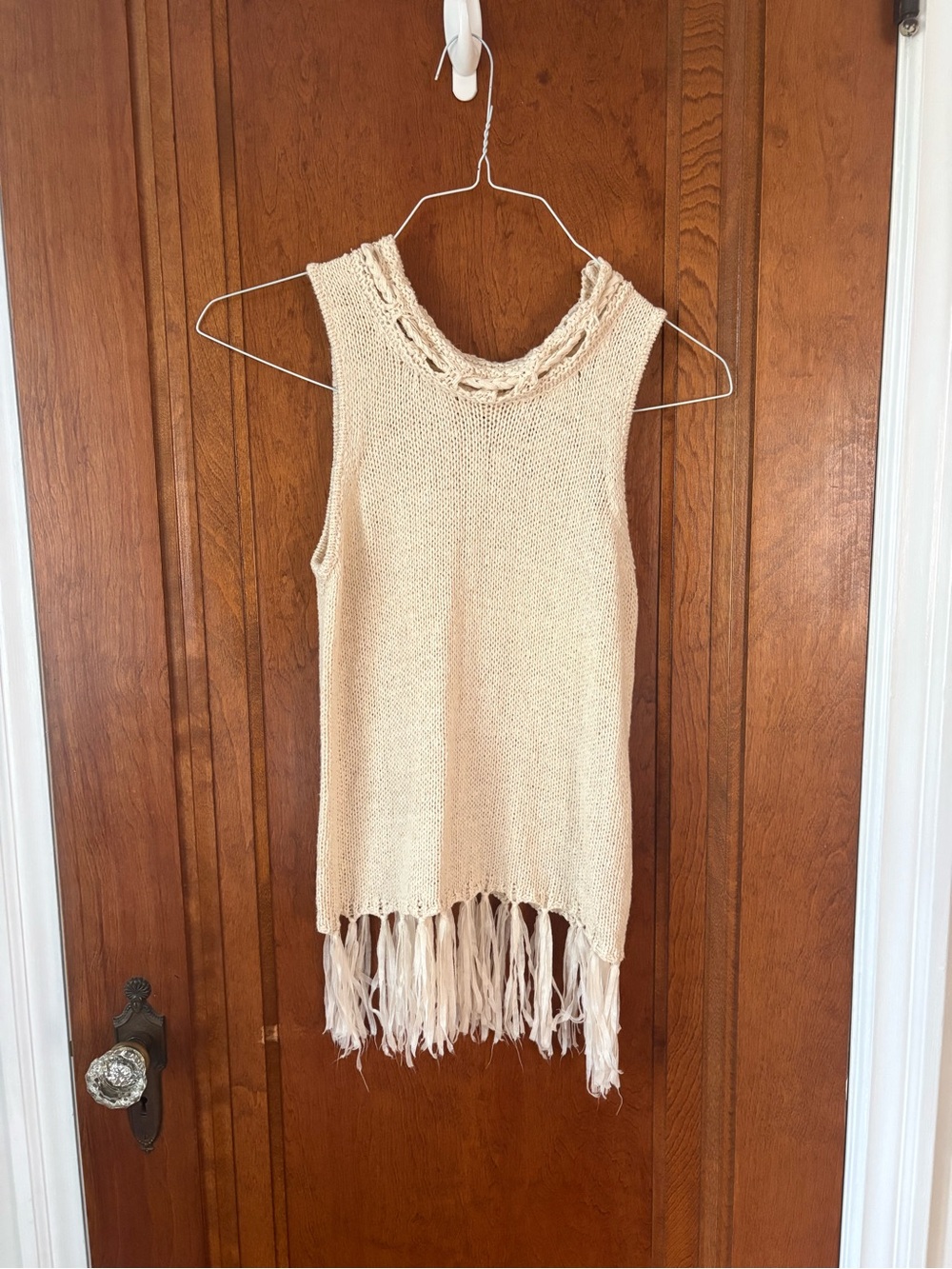 Pepin Anthropologie Cream Knit Tank with Braided Neckline and Fringe Hem - XS